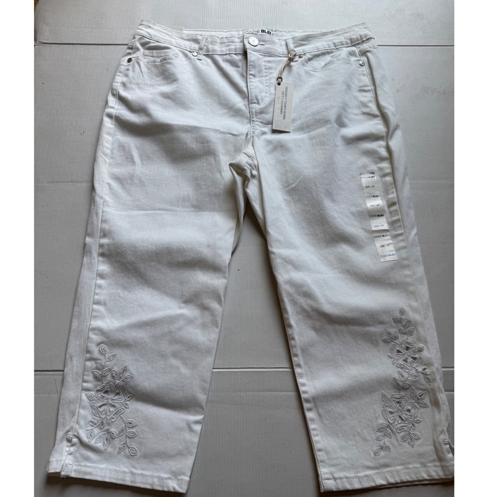 Code Bleu Chelsea Crop Jeans White Floral Embroidered Tummy Panel 16P NWT